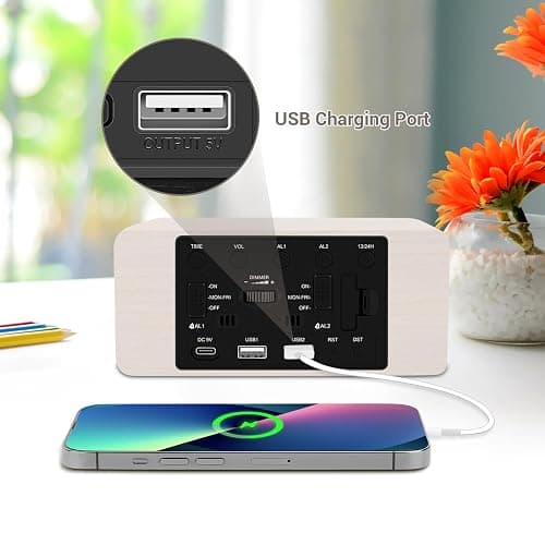 URAYCO Wooden Digital Alarm Clock, 10W Fast Wireless Charger Station & 2 USB Charging Ports, with 0~99% Dimmer, Dual Alarm, Weekday/Weekend Mode, Wood LED Clock for Bedroom, Desk, Office thumbnail 9