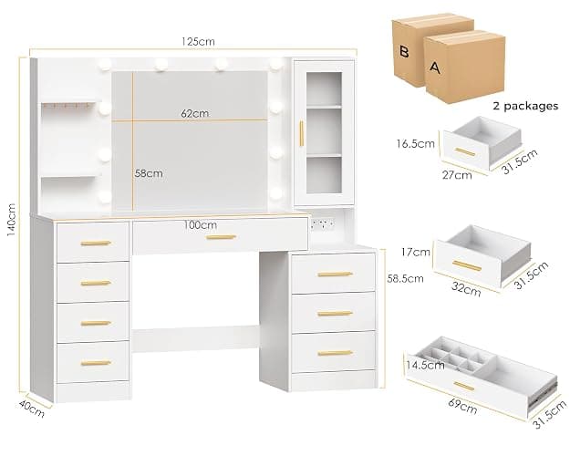 ANWBROAD Large Dressing Table with Mirror and Lights,White Makeup Vanity Desk with Glass Top and Power Outlet 8 Drawers 5 Hooks Nightstand Vanity Table for Bedroom Women Girls YBDT88W thumbnail 2
