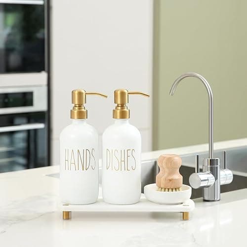 MOMEEMO Gold Soap Dispenser Set Comes with Stainless Steel Pumps, Instant Dry Tray, and Dish Scrub Brush, Suitable for Kitchen Decor and Accessories. (Gold) thumbnail 7