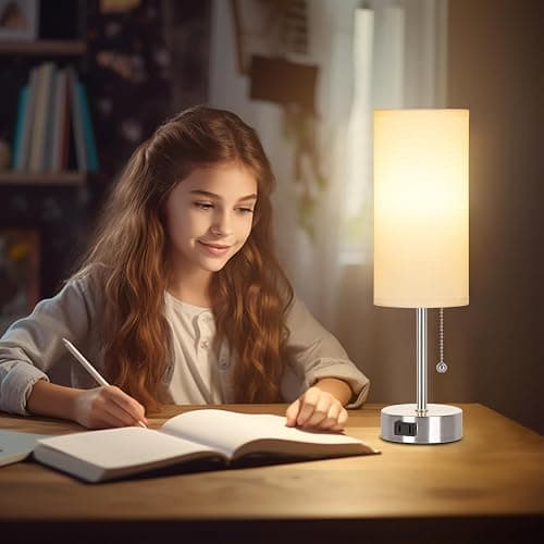 Dott Arts Table Lamp for Bedroom, 3-Color Bedside Lamps with Pull Chain | Bedroom Table Lamps for Nightstand,AC Outlet Small Lamp for Living Room, Bulb Included Nickel thumbnail 6