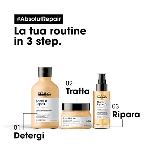 L'Oréal Professionnel Paris Maschera Gold professionale per capelli secchi e danneggiati Absolut Repair Serie Expert, Formula ristrutturante leggera, 250 ml thumbnail 5