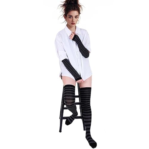 Tongcloud Women's Striped Knee High Socks, Over Knee Thigh High Socks, Arm Warmer and Fingerless Gloves Set thumbnail 4