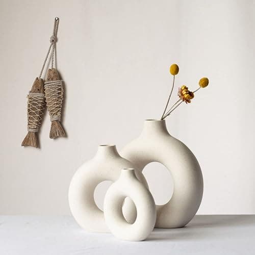 CEMABT Vasen für Pampasgras, handgemachte Vase, getrocknete Blumen, Keramik, Weiß, Handwerkliche Ornamente für die Dekoration des Bürohauses, Vasenset (M, Beige) thumbnail 2