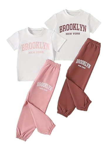 Jolyshlid Girls 4 Pieces Outfits Short Sleeve Printed Tee Tops and Pants Set 4-12Y - Image 1