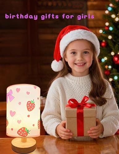 Strawberry Lamp, Strawberry Room Decor for Girls,3 Color Changing LED Night Light with 9 Brightness Levels Wood Nightstand Desk Base Flaxen Fabric Shade for Bedroom Living Room (Pink Strawberry) thumbnail 5