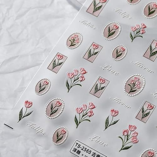 Flower Nail Stickers 5D Embossed Nail Art Stickers Decals Self-Adhesive Pink Tulips Floral Nail Supplies Spring Nail Art Design Decoration Accessories thumbnail 6