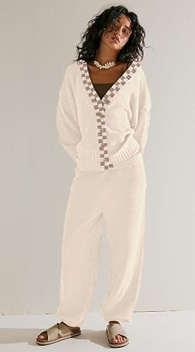 SAUKOLE Womens Two Piece Outfits Knit Sweater Sets Oversized Button Down Cardigan and Long Pants Matching Lounge Set thumbnail 2