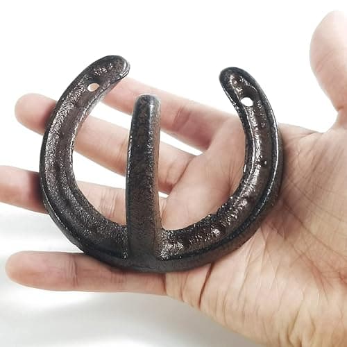 NSBELL 4PCS Cast Iron Horseshoe Shaped Wall Hooks - Vintage Coat Hat Horse Hanger - Farmhouse Decorative Hooks for Hanging Robe Towels Coats Bags thumbnail 4