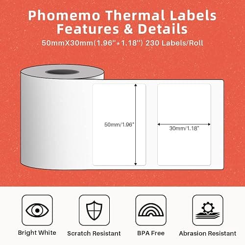 Phomemo Thermal Sticker Label Paper for M120/M110/M220/M250/M150 Label Maker Machine, Multi-Purpose Self-Adhesive Tag 1.96'' x 1.18"(50X 30mm), 230 Labels/Roll,Black on White thumbnail 3