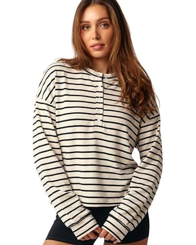 Almere Oversized Cotton Henley Longsleeve Tee, Striped Button Down, Boyfriend Fit - Image 1