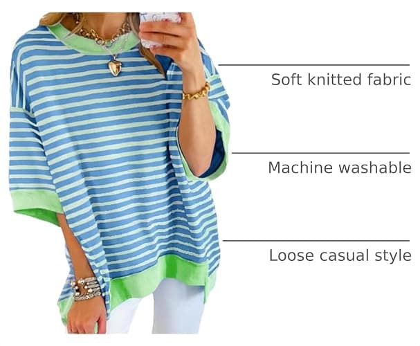 SHEWIN Womens Oversized Tops Crewneck Striped Sweatshirt Pullover Shirt | Casual, Short Sleeve, Loose Fit, Tshirt, Fashion, Trendy, 2026 thumbnail 4