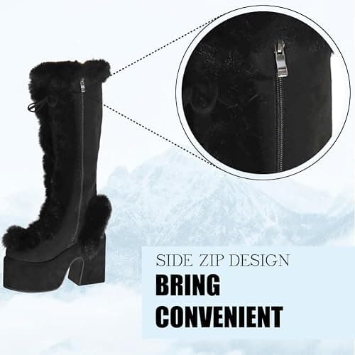 CELNEPHO Knee High Boots For Womens Side Zipper Warm Faux Fur Platform Chunky Heel Punk Goth Walking Winter Snow Boots thumbnail 5