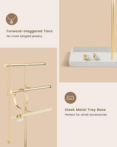 Lolalet 3-Tier Jewelry Organizer Stand, Metal Jewellery Holder, Dresser Display Rack for Necklace Earring Bracelets Rings, Gift for Women Girls -Gold thumbnail 8