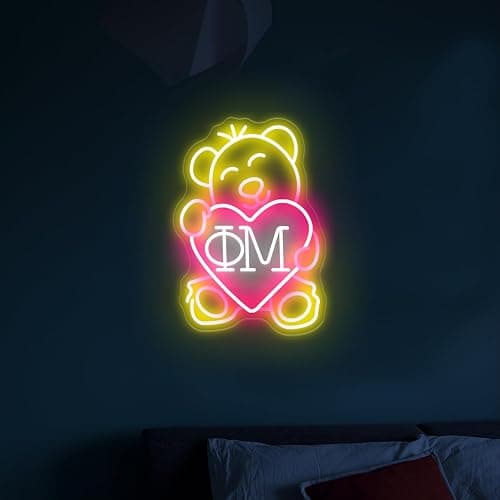 ΦM Sorority Teddy Bear Neon Signs,Dimmable Phi Mu LED Neon Lights for Wall Decor,Sorority USB Powered Neon Wall Sign for Bedroom,Paraphernalia,Gifts,9.8x13.4 inches. thumbnail 8