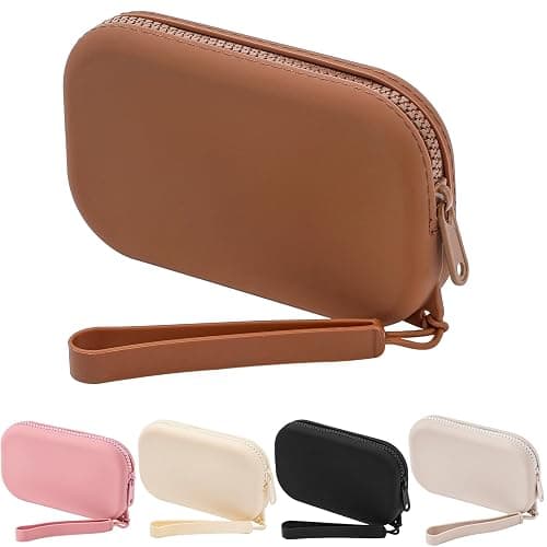 HHQQWZ Portable Silicone Makeup Bag for Women, Small Travel Waterproof Toiletry Cosmetic Bag, Zipper Closure Organizer Makeup Case with Handle (Brown) - Image 1