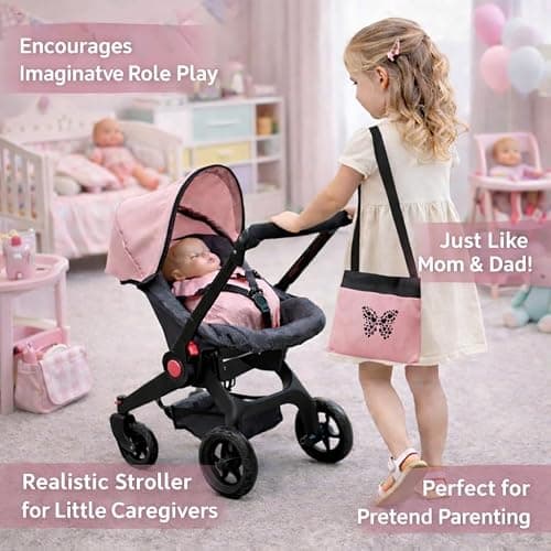 Baby Doll Convertible Travel Stroller for Girls Toddler Play Toy Car Seat Two in One Foldable Carriage for Kids with Diaper Bag Pretend Play Stroller for Doll thumbnail 4