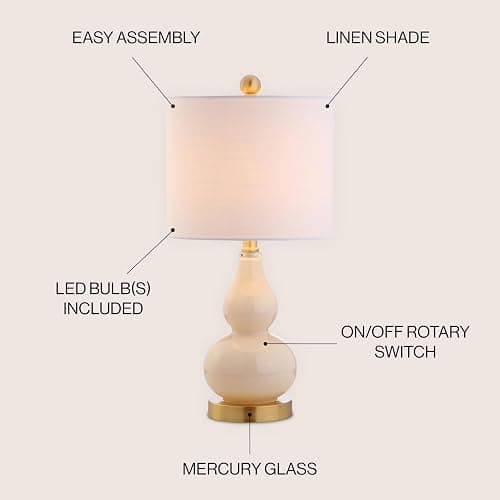 JONATHAN Y 20.5" Ivory Glass Table Lamp, Modern Gourd Bedside Nightstand Lamp for Bedroom, Living Room, White Linen Shade, LED Bulb Included (JYL1028B) thumbnail 4