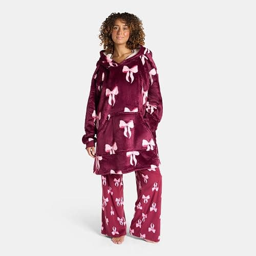 OHS Blanket Hoodie Women Bow Print, Mothers Day Gifts Super Soft Sherpa Fleece Warm Comfy Cosy Oversized Wearable Blanket Sweatshirt Big Pocket for Adults Women Girls, Burgundy/Pink thumbnail 4