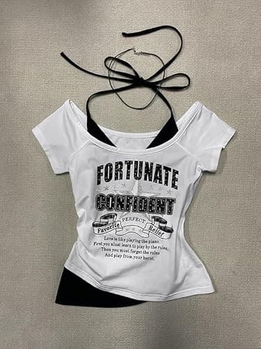Emo Grunge Shirts Women 2000s Graphic Baby Tees Fake Two Piece Short Sleeve Vintage Y2k Crop Top Goth Alt Clothes thumbnail 3