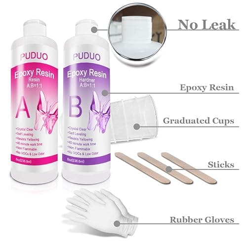Epoxy Resin Crystal Clear Kit for Art, Jewelry, Crafts, Coating- 16 OZ Including 8OZ Resin and 8OZ Hardener | Bonus 4 pcs Measuring Cups, 3pcs Sticks, 1 Pair Rubber Gloves by Puduo thumbnail 4