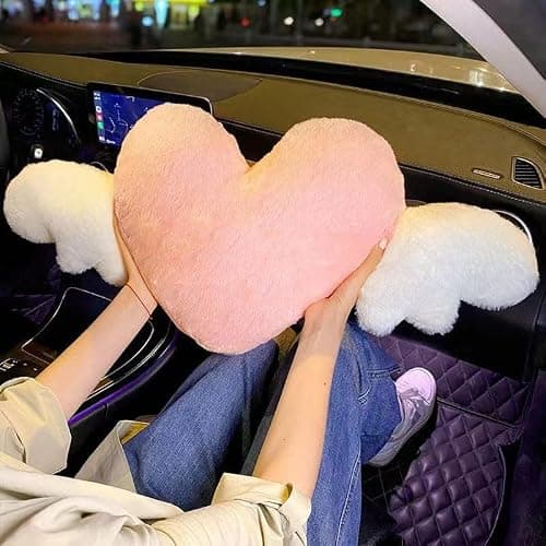 2 Pack Heart Shaped Cute Car Headrest Pillow with Angel Wings - Comfortable Soft Head Rest Cushion Kawaii Car Accessories Neck Pillow for Driving Travelling Office Home Decor - Pink Love Heart thumbnail 6