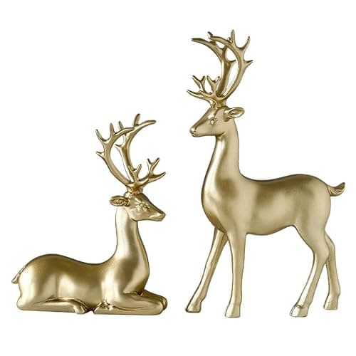 BULINGNA 2Pcs Christmas Reindeer Figurines, Resin Elk Sculpture Miniature Figurine Xmas Deer Statue Artificial Animal Crafts Home Decoration Ornament (Solid Gold) - Image 1