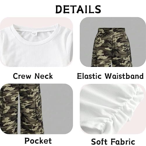 Azmxynol Girls Clothes 2 Piece Outfit Ribbed T-Shirt Top + Cargo Pants, Girls Fall Clothing Set, Sizes 5-16 Years thumbnail 6