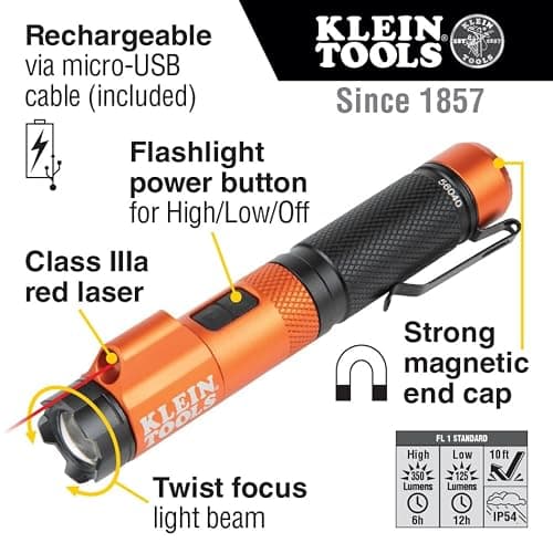 Klein Tool 56040 LED Rechargeable Flashlight, 350 Lumens, Twist Focus, Laser Pointer, Hands-Free, USB Charging Cable, for Work and Outdoor thumbnail 2