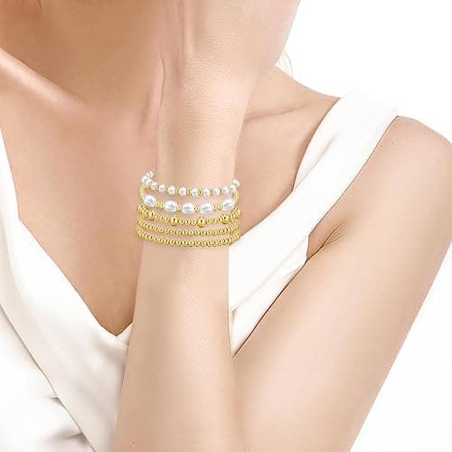 Gold Bracelets for Women Pearl Bracelet 14k Gold Plated Beaded Bracelet for Women Gold Stretch Bead Ball Bracelets Set Adjustable Gold Jewelry for Birthday Christmas Mother's Day Gifts thumbnail 4