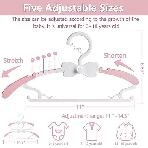 WJWSKI Baby Hangers for Closet 20pcs, Pink Kids Clothes Hanger Plastic, 11-14.5" Adjustable Perchas for Child Dresses, Non-Slip Children Bow Hanger for Girl Toddler Infant Nursery Newborn Clothing thumbnail 2