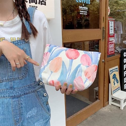 Floral Makeup Bag Large Cotton Zipper Pouch for Purse Travel Canvas Make Up Organizer for Women Cosmetic,Tulip Pink thumbnail 6