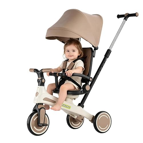 Kids Tricycle, 6 in 1 Baby's Toddler Trike with Adjustable Handle(Coffee) | Reversible Seat and Canopy, Baby Stroller for 1-6 Year Olds, All-Terrain Wheels, Best Gift Suitable for Outdoor Activities - Image 1