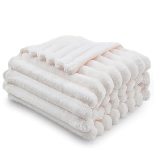 NEWCOSPLAY Super Soft Throw Blanket Ivory Premium Silky Flannel Fleece 3D Ribbed Jacquard Lightweight Bed Blanket All Season Use (Ivory Ribbed, Throw(50"x60")) thumbnail 3