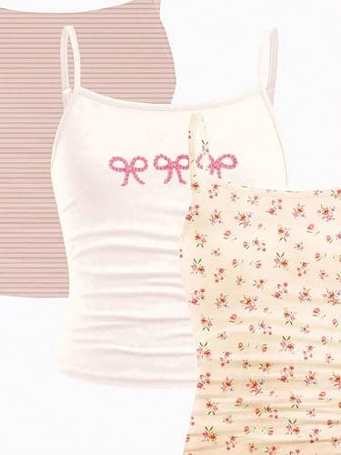 RoseSeek Girl's 3 Packs Cheetah Leopard Floral Tank Top Camisole Tops | Spaghetti Strap, Slim Fitted, Summer Cute, Sleeveless, Teens Size 10-12, Cami thumbnail 2