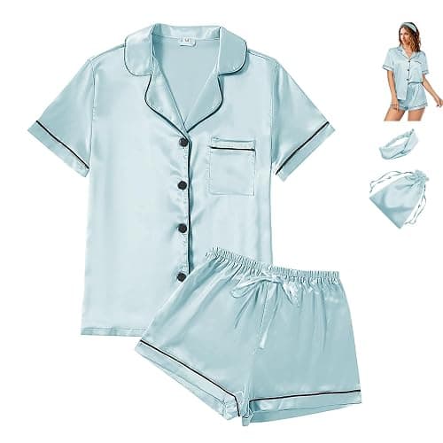 WJing Yi Jia 4Pcs Womens Satin Silky Pajama Sets Short Sleeve Shirt XS-4XL Floral Pajamas Set Soft PJ Loungewear Sleepwear - Image 1