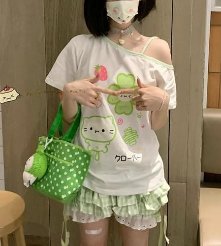 Womens Y2K Off Shoulder Kawaii T-Shirt Suit Hrajuku Plaid Ruffled Lace Pumpkin Short Pants Cute Cat Graphic Tops thumbnail 3