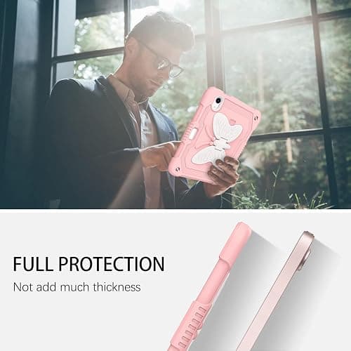 DUEDUE Case for iPad mini 7 (A17 Pro) 2024,iPad mini 6 Case 2021, Butterfly Wings Kickstand with Pencil Holder Shockproof Protective Tablet Case for iPad mini 7th/6th Gen Kids, Beige/Pink thumbnail 6