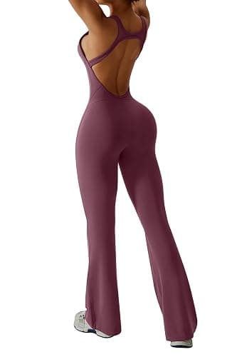 OEAK Womens Flare Jumpsuit with Bra Tummy Control Cutout Romper Workout Outfit Sleeveless Unitard One Piece Backless Bodysuit thumbnail 7