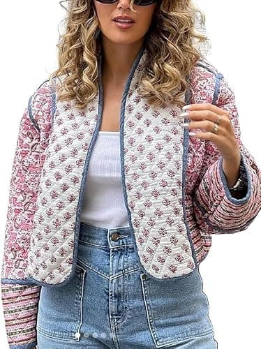 Aimiray Women's Cropped Floral Puffer Jacket Cardigan Printed Lightweight Open Front Padded Quilted Coats - Image 1