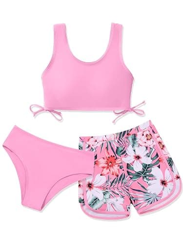 Girl's 3 Piece Bikini Bathing Suit Printed Sport Swimsuits with Shorts Cove Up Sets Teen Girl's Swimwear - Image 1