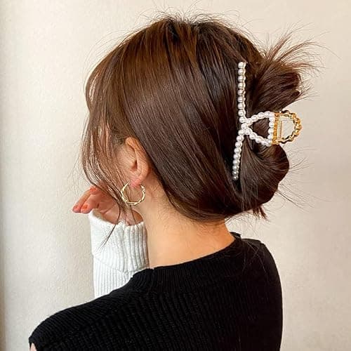 2 Pack Matte Gold and Pearl Hair Claws for Women: Large Metal Clips with Pearls for Thick Hair - Non-Slip Crab Claws and Strong Cross Barrettes thumbnail 9