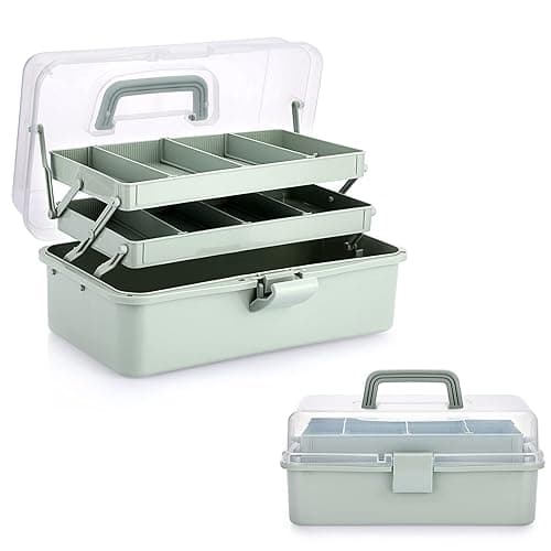 BTSKY 3-Layer Plastic Dividing Storage Craft Organizer with Adjustable Spacers and Portable Handled Multipurpose Home Utility Box for Medicine, Sewing and Art Supply - Haze Green