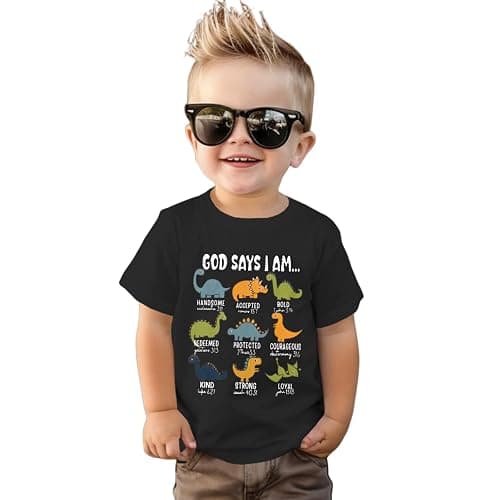 GLIGLITTR Toddler Boy Dinosaur Shirt God Says I Am Bible Verse Dino Religious Tshirt Christian Outfits Baby Short Sleeve Tees - Image 1