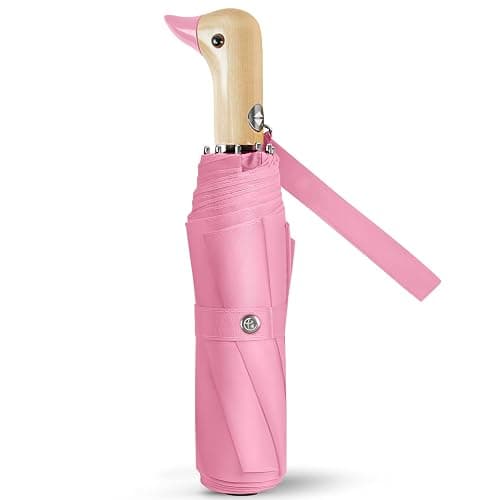 Natuquebrela Cute Duck Umbrella Automatic - Compact Pretty Pocket Size Strong Duck Collapsible Umbrella Yellow Wooden Handle for Women - Image 1