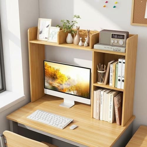 Tangkula Desktop Bookshelf, Countertop Storage Hutch with Shelves for Computer Desk, Desk 3-Tier Display Rack, Multipurpose Wood Desktop Hutch Storage Organizer for Dorm Office thumbnail 5