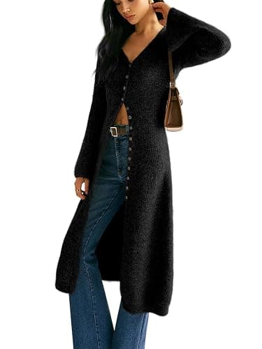 Jenisso Womens V-Neck Button Maxi Cardigan Bell Long Sleeve Open Front Split Breasted Sweater Dress thumbnail 6