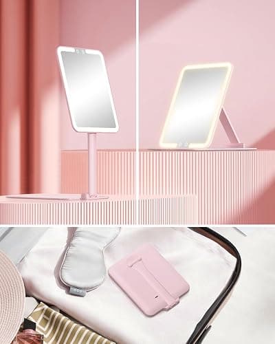 Gospire Travel Makeup Mirror with Lights and Magnification 10X, Portable Make Up Compact Tabletop Mirror with Adjustable Stand, 3 Colored Lights Rechargeable Lighted LED Vanity Mirror - Pink thumbnail 7