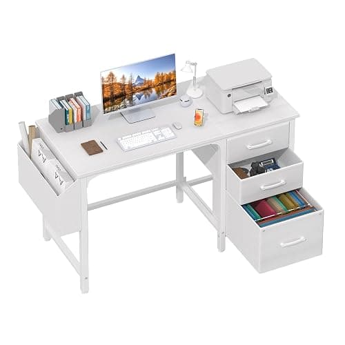 Lufeiya White Desk with File Drawers Cabinet, 47 Inch Reversible Computer Desk with Fabric Filing Cabinet for Bedroom Small Space Home Office, Modern Writing Table PC Desks, White - Image 1