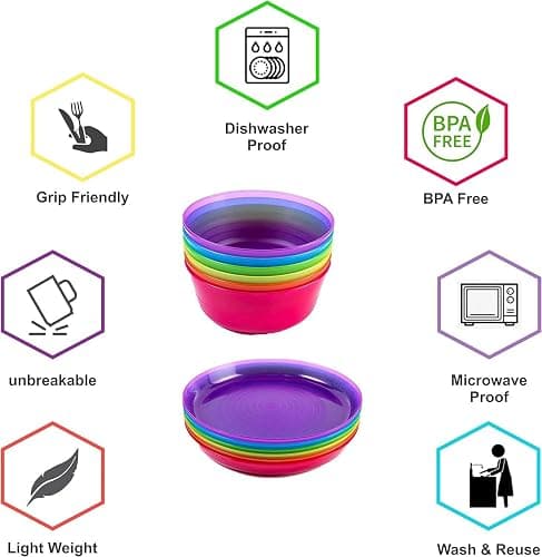 Cuddly Hippo Kids Plastic Dinnerware Set of 12 Multi Color Pieces (Plates and Bowls) - Reusable, BPA-Free, Dishwasher Safe and Microwaveable (Purple, Pink, Orange, Yellow, Green, Blue, 24 Pieces) thumbnail 6