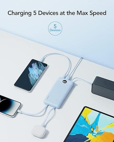 VRURC 10000mAh Power Bank Built-in Cables, Portable Charger with LED Display, Slim Travel Battery Pack with Cords, 5 Output Dual Input Phone Charger for Cell Phone Smart Devcies-Blue(1 Pack) - Blue thumbnail 4